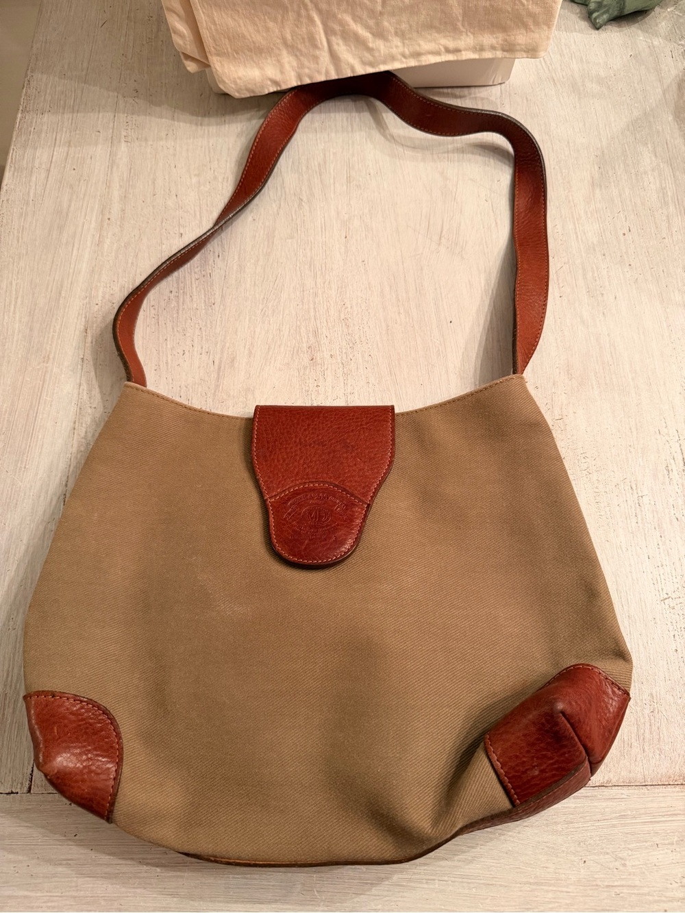 Tan Canvas Shoulder Bag with Brown Leather Trim